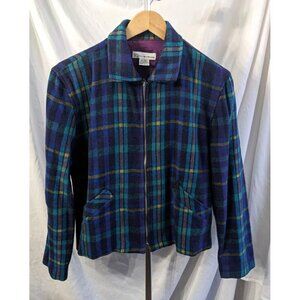 Vintage 80s/90s NEW YORK JEANS Blue Teal Plaid Wool Blend Jacket Zip Up Size S